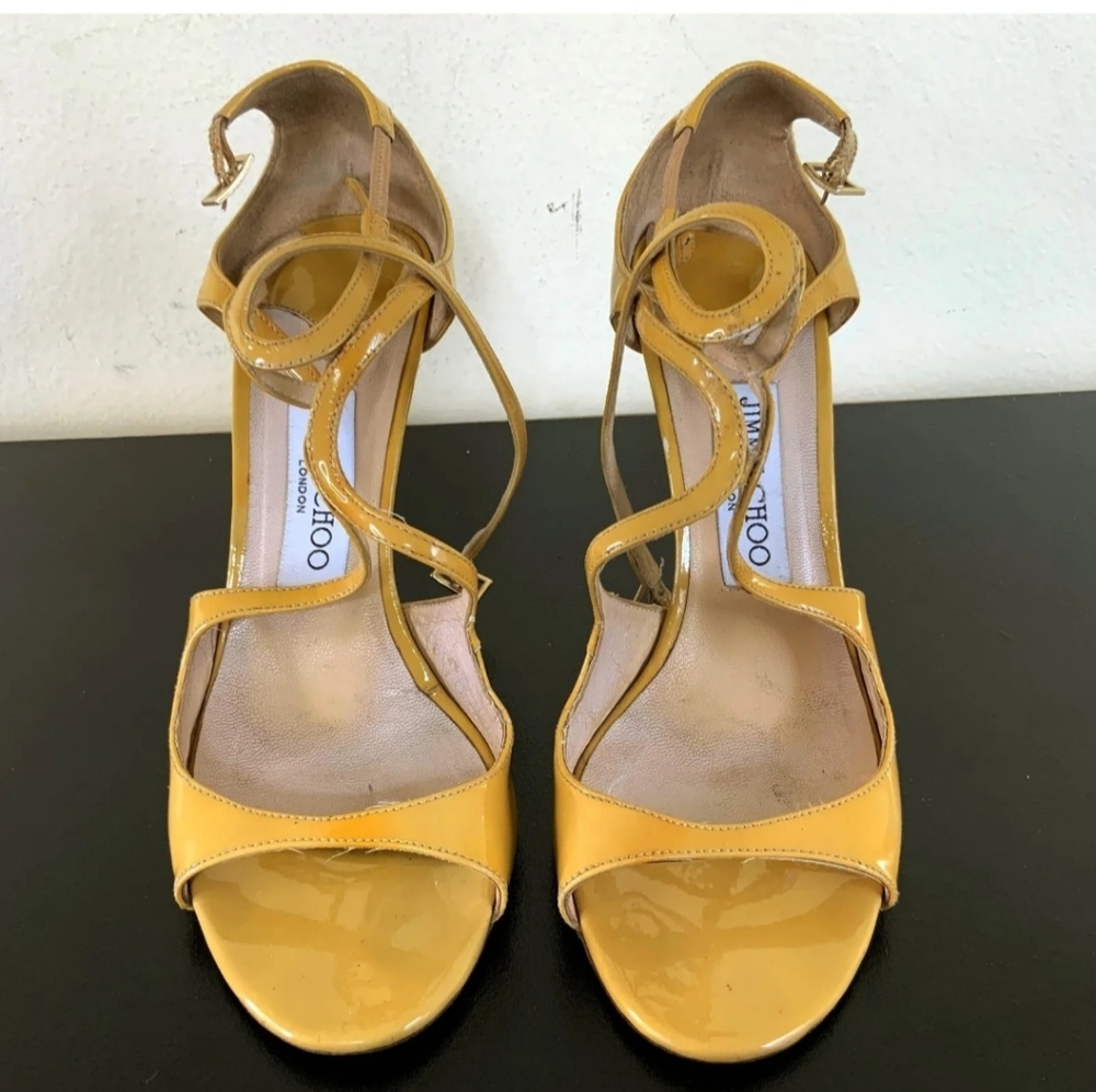 Jimmy Choo Patent Leather Strappy Sandals. Yellow. Size 38.5  Gently Worn.